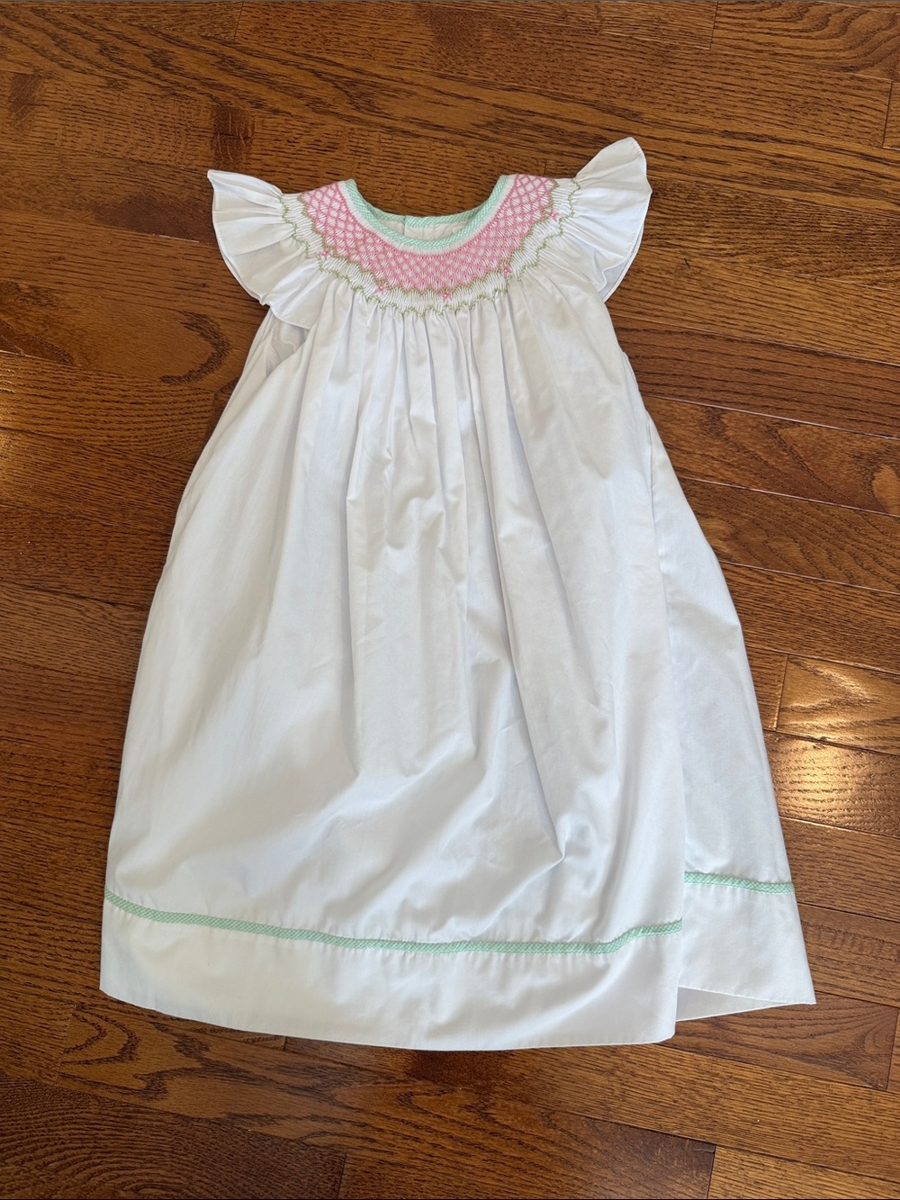 White Girls' Smocked Dress with Pink & Mint Trim